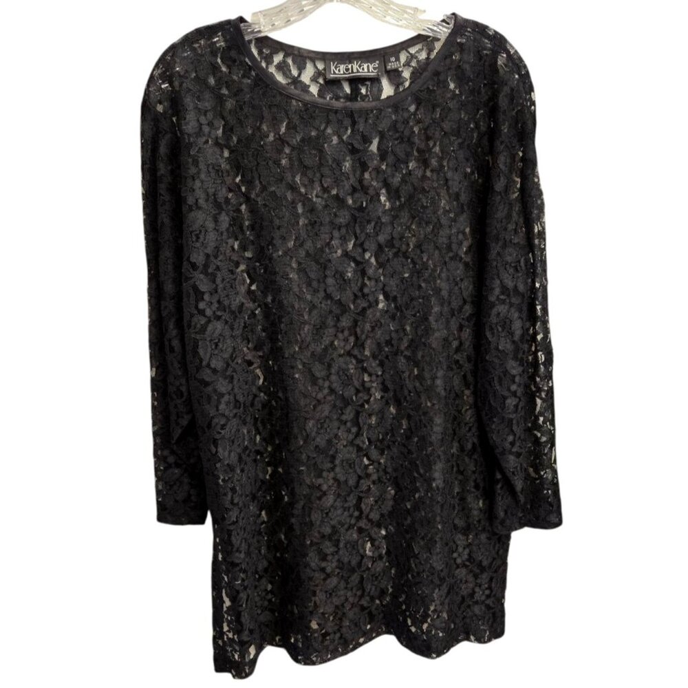 Karen Kane Sheer Black Lace Cocktail Mini Dress Women's 8 Long Sleeve Sheath